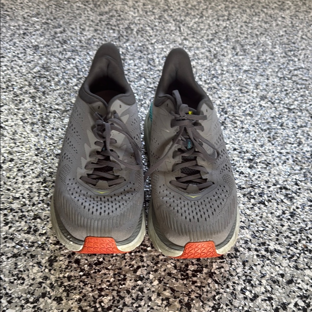 Hoka Charcoal Shoes with Teal and Yellow Details